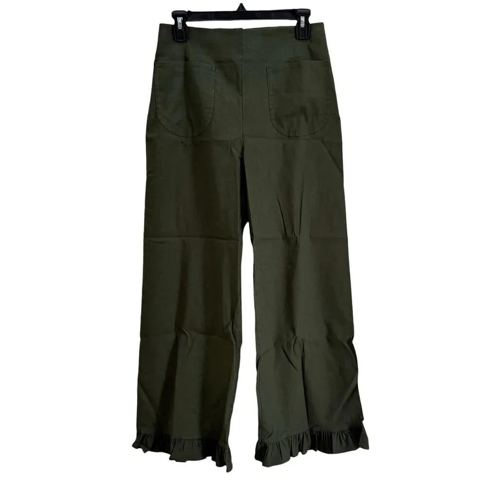 Anthropologie Maeve Colette Magic Fabric Ruffle Hem Crop Wide-Leg Pants 28 Green